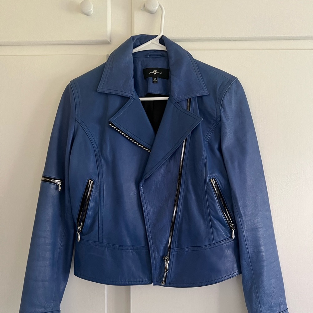 7 For All Mankind Blue Leather Moto Jacket
